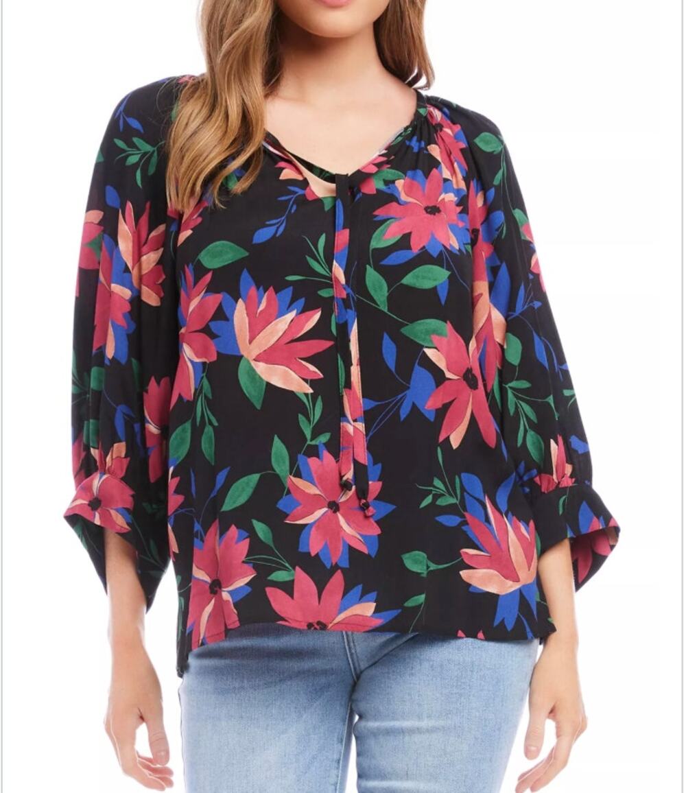 Karen Kane Black Crepe Tropical Floral Print Relaxed 3/4 Balloon Sleeve Blouse